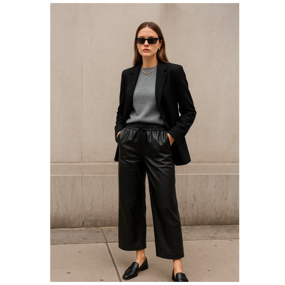 NWT ZARA Black Waxed Drawstring Wide Leg Pants Size Small